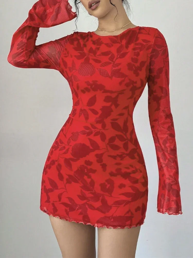 Bangniweigou backless flower print rose small dress women full sleeve all match fashion red mini robe