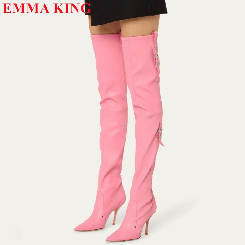 

Pink Pointed Toe Buckled Straps Studded Thigh High Boots Women Fashion Slip On Over The Knee Boots High Heels Knight Boots Woman