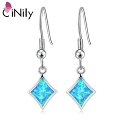 CiNily Blue Created Fire Opal Dangle Earrings for Women Girls Wedding Party Silver Plated Rhombic Drop Earrings Fashion Jewelry