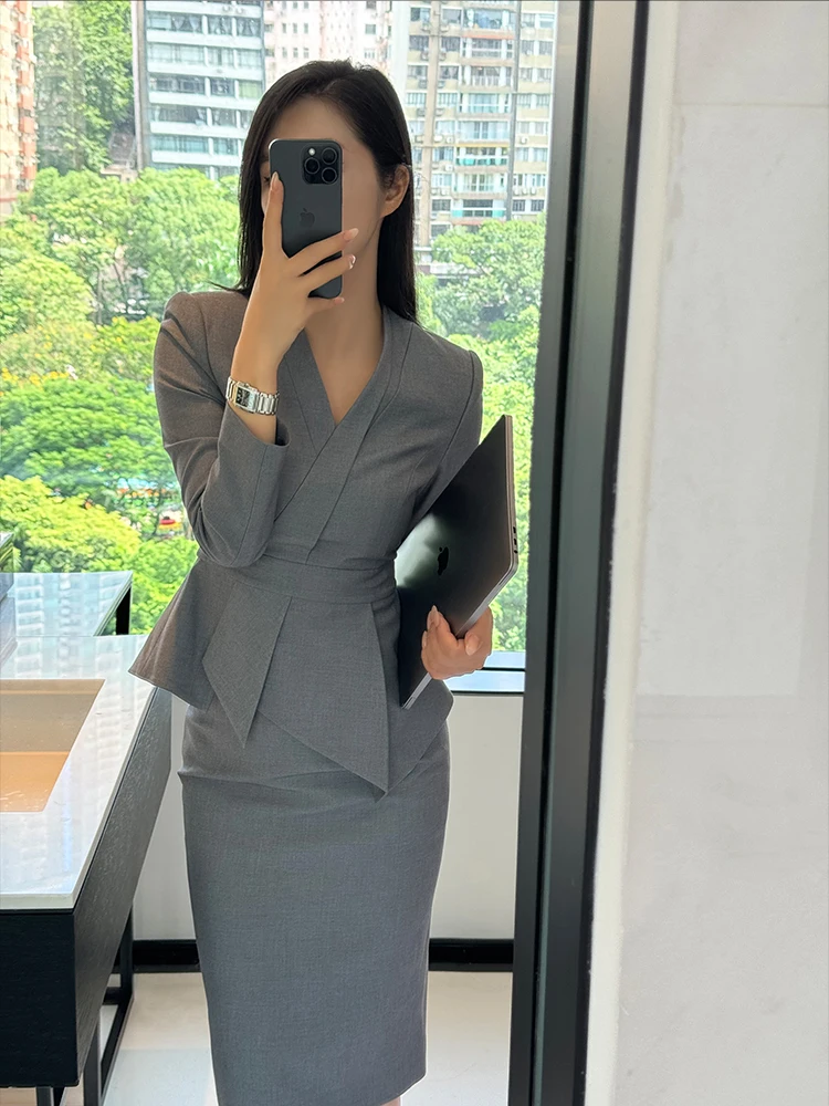 

Elite Women's Cisas ey Waist-Cinching V-ne Suit Skirt Two-Piece Set Commute Sle Long Sve Slim Fit Faion