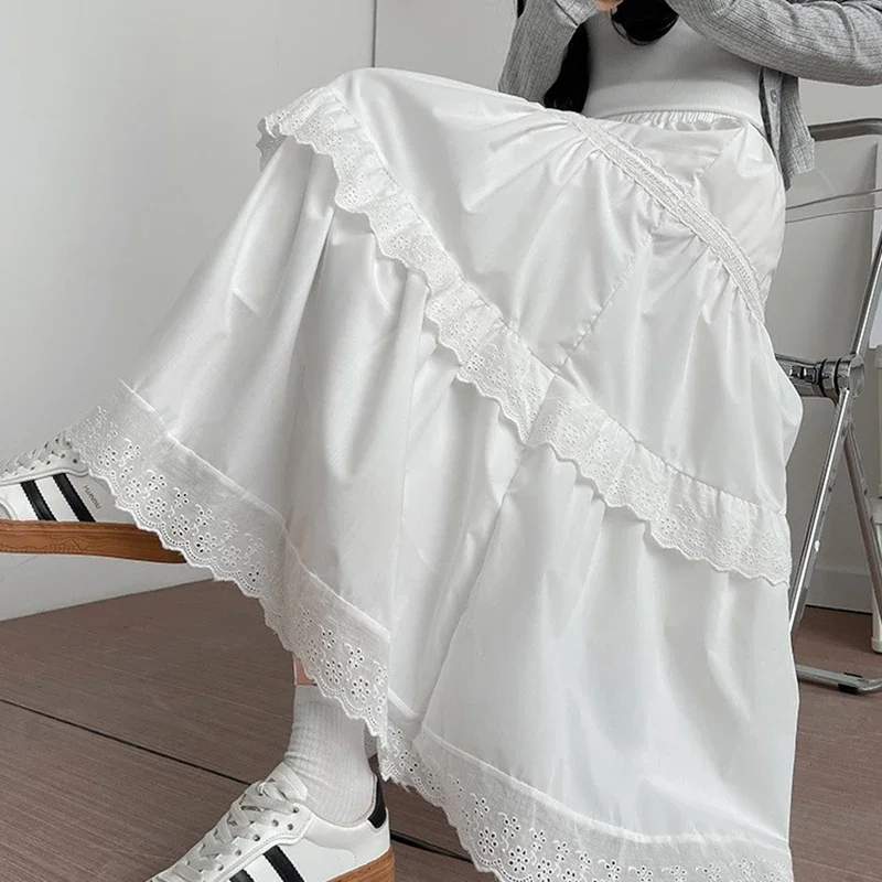 Gonna a pieghe coreana in pizzo bianco per donna 2025 Gonne lunghe con torta patchwork a vita alta Donna Estate Chic Gonne a linea allentate Mujer