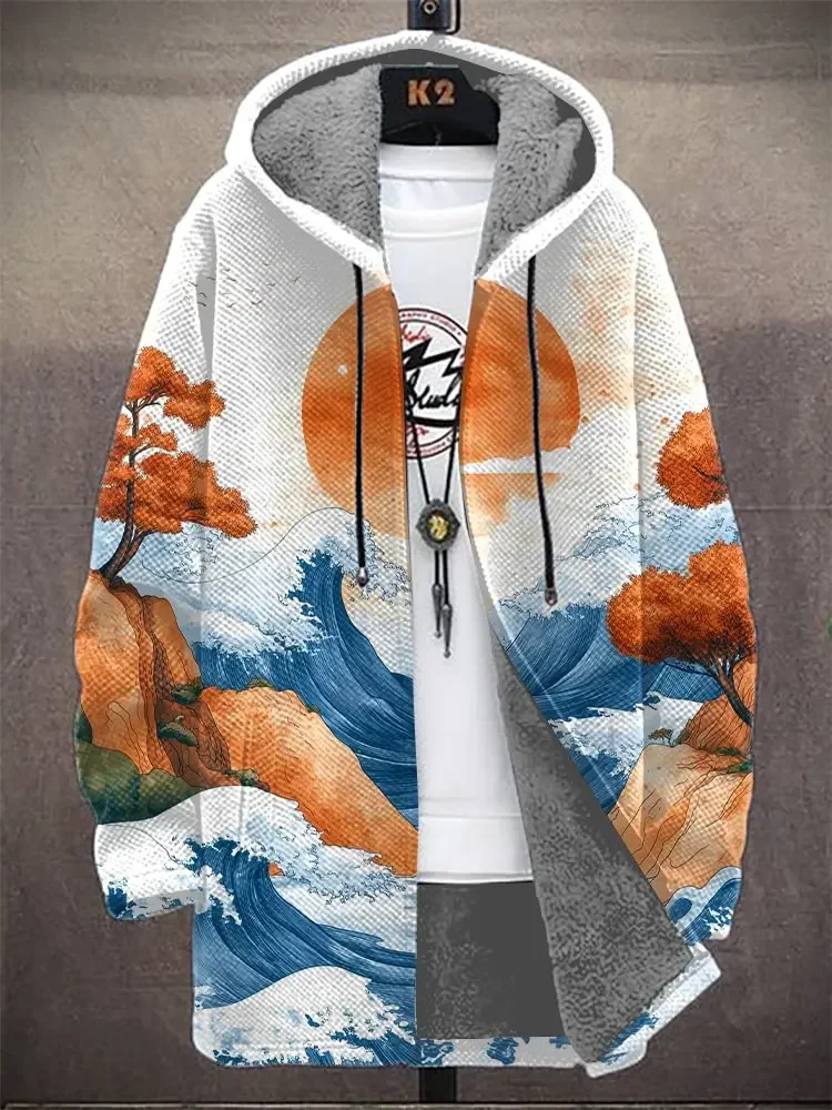 

Мужской плащ с капюшоном Ukiyoe, осенние волны, плащ с капюшоном, кардиган, толстовки с флисовой подкладкой, пальто на молнии