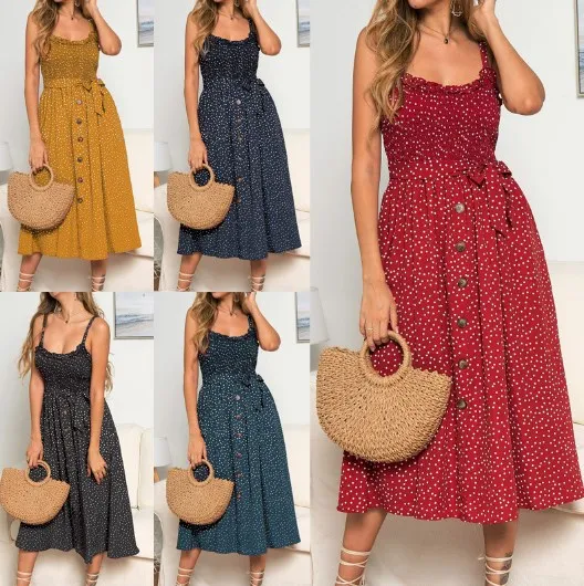Spring Summer Polka Dot Floral Print Long Dress with Pleated Hem Tie Waist Button up Cotton Gauze Commute Style V Neck a Line...