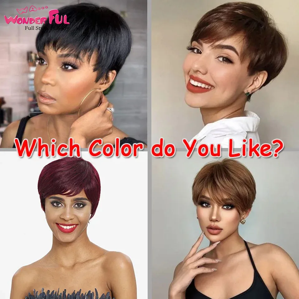 Short Blonde Pixie Cut Human Hair Wigs For Women Straight Colored 613 Pixie Wigs With Bangs Glueless Black Human Hair Non Lace