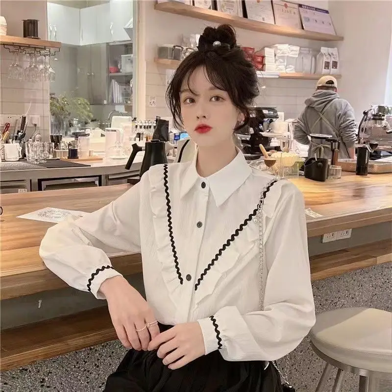 Single Breasted Black Ear Edge Patchwork Blouse Spring Long Sleeve Loose White Elegant Shirt Tops Fashion Trend Women Clothes