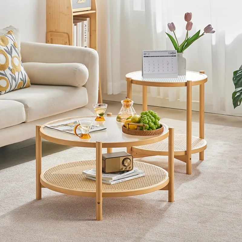 Rattan Coffee Table, Large Round End Table,  Modern Side Table, Living Room Side Table, Glass Sofa End Table