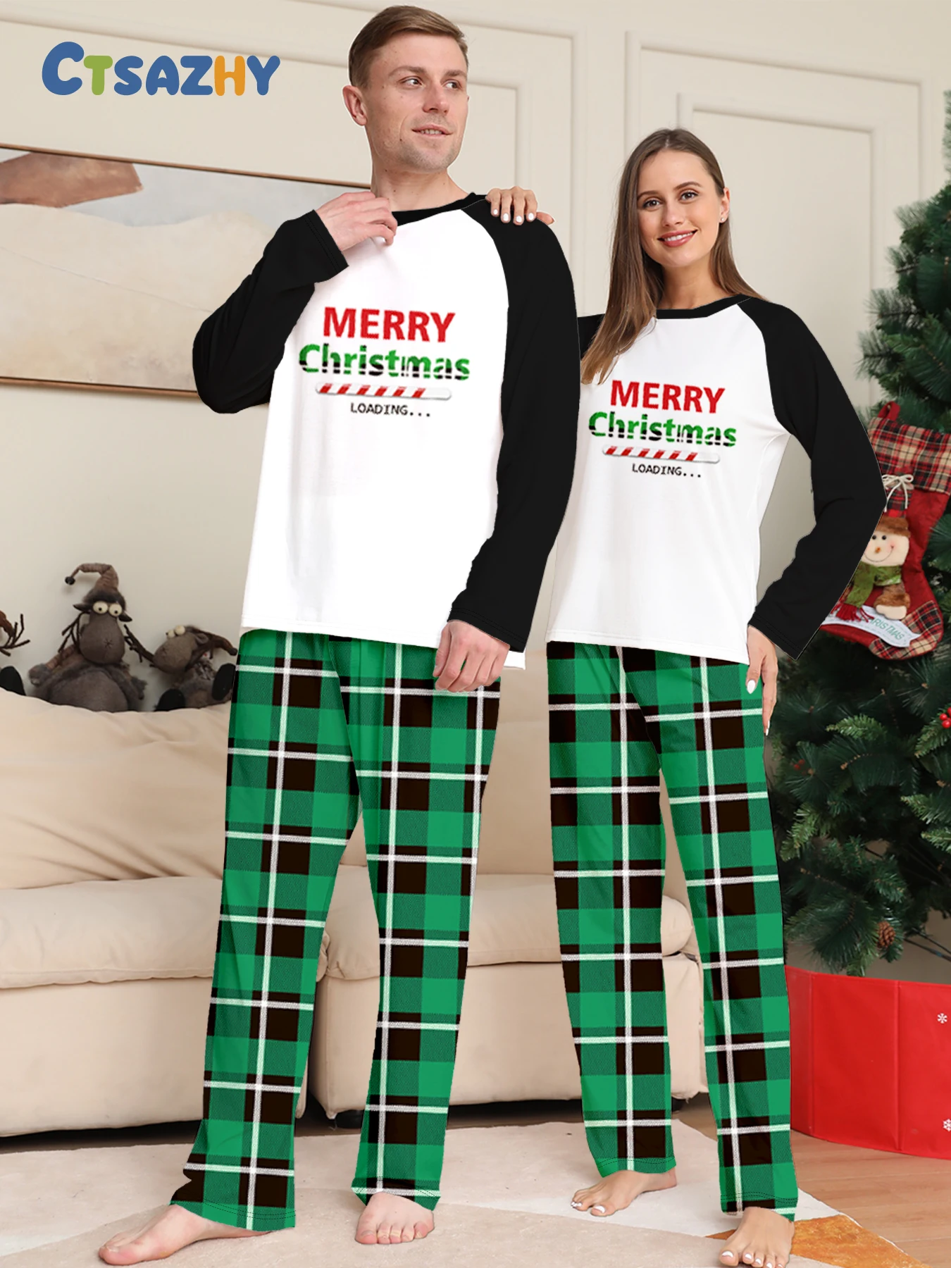 

Couple Matching Christmas Pajamas Set - "Merry Christmas Loading" Print Raglan Top & Green Plaid Pants