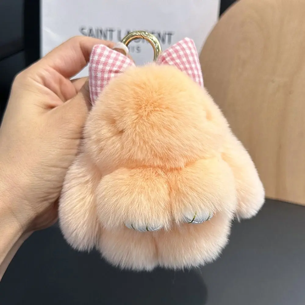 Plush Pompoms Bow Rabbit Pendant Cartoon Hanging Ornament Fluffy Bunny Doll Keychain Stuffed Doll Car Keyring Bag Accessories