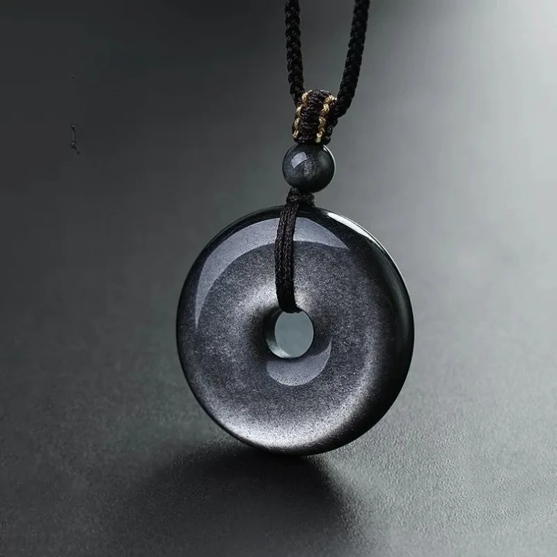 

Natural Obsidian Safety Buckle Pendant, Gold and Silver Obsidian Exquisite Fashion Pendant Necklace.