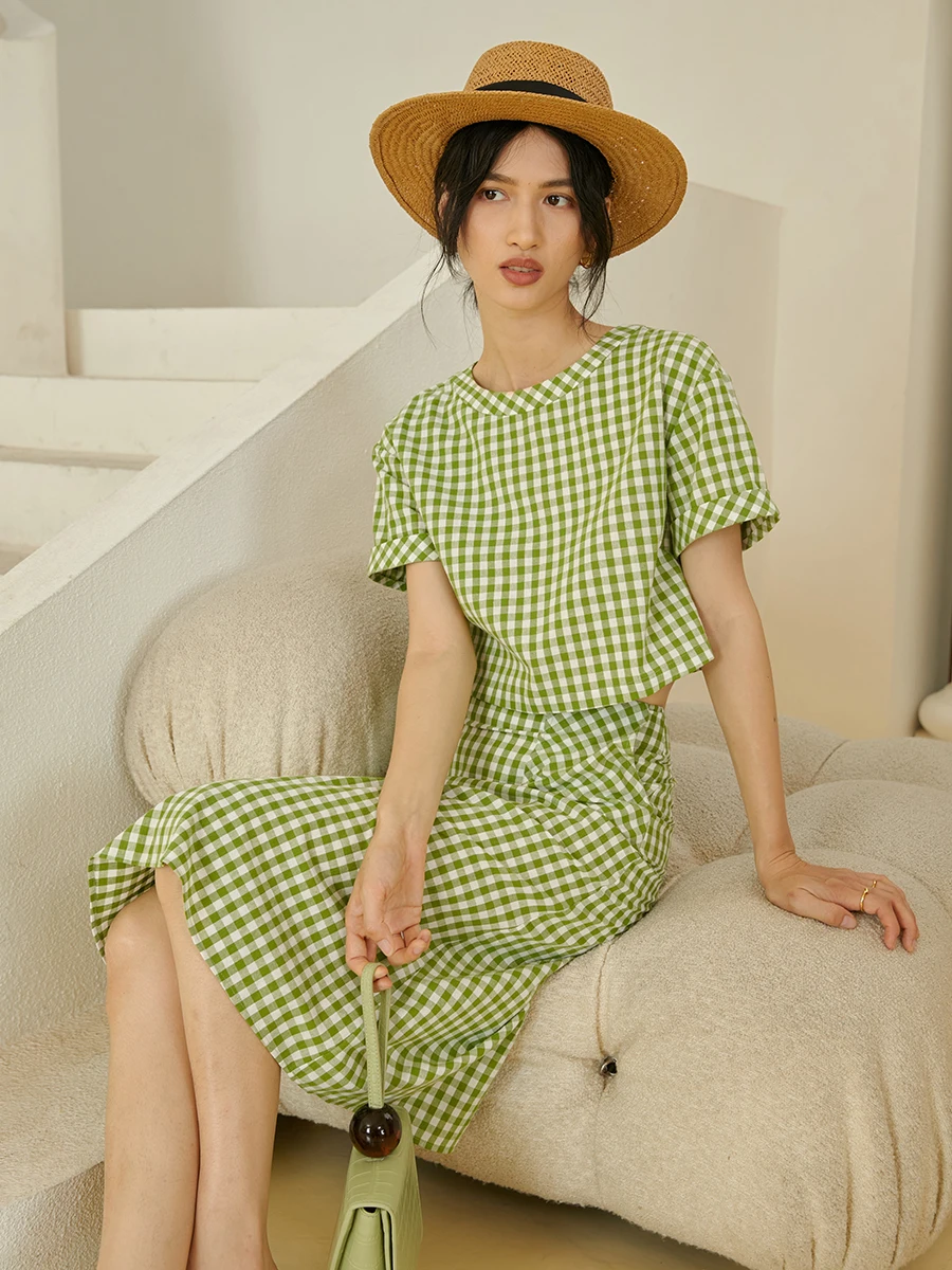 

HeyDress Country Style Short Sleeve round Neck Plaid Design Women's Shirt Summer Small Size Cotton Casual Business Fashion