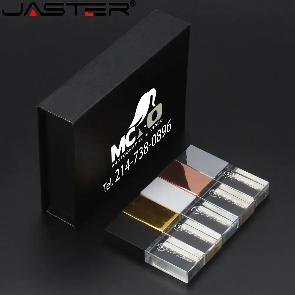 JASTER nueva unidad Flash USB 2,0 cristal negro dorado con caja de regalo negra 64GB 32GB 16GB logotipo personalizado gratis regalo de fotografía de boda