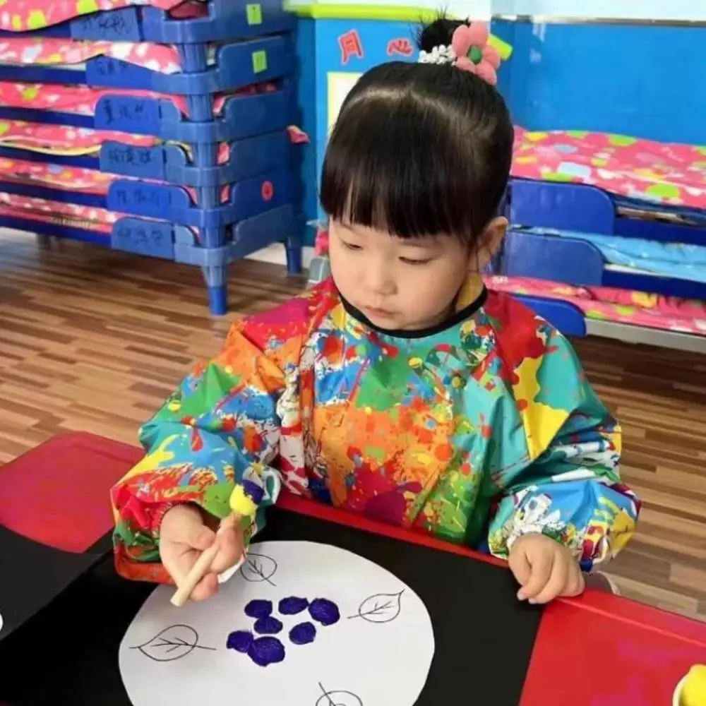 Celemek Lukisan Anak-anak Nilon Tahan Air Penutup Lengan Panjang Lukisan Seni Kain Rias Terbalik Bib Makan Bayi