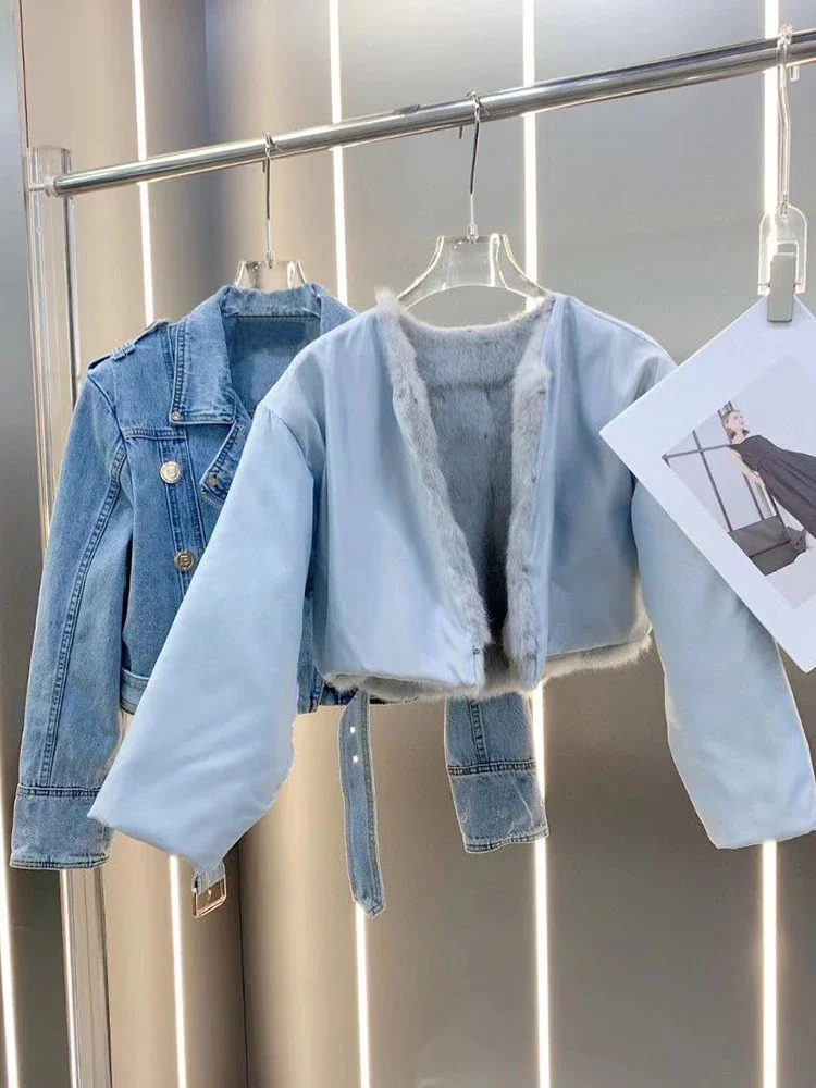 女性用ブルーデニムジャケット,取り外し可能なフェイクファーカラー,ベルト,暖かいアウター,ヴィンテージ,カジュアル,メタルボタン,冬,2021