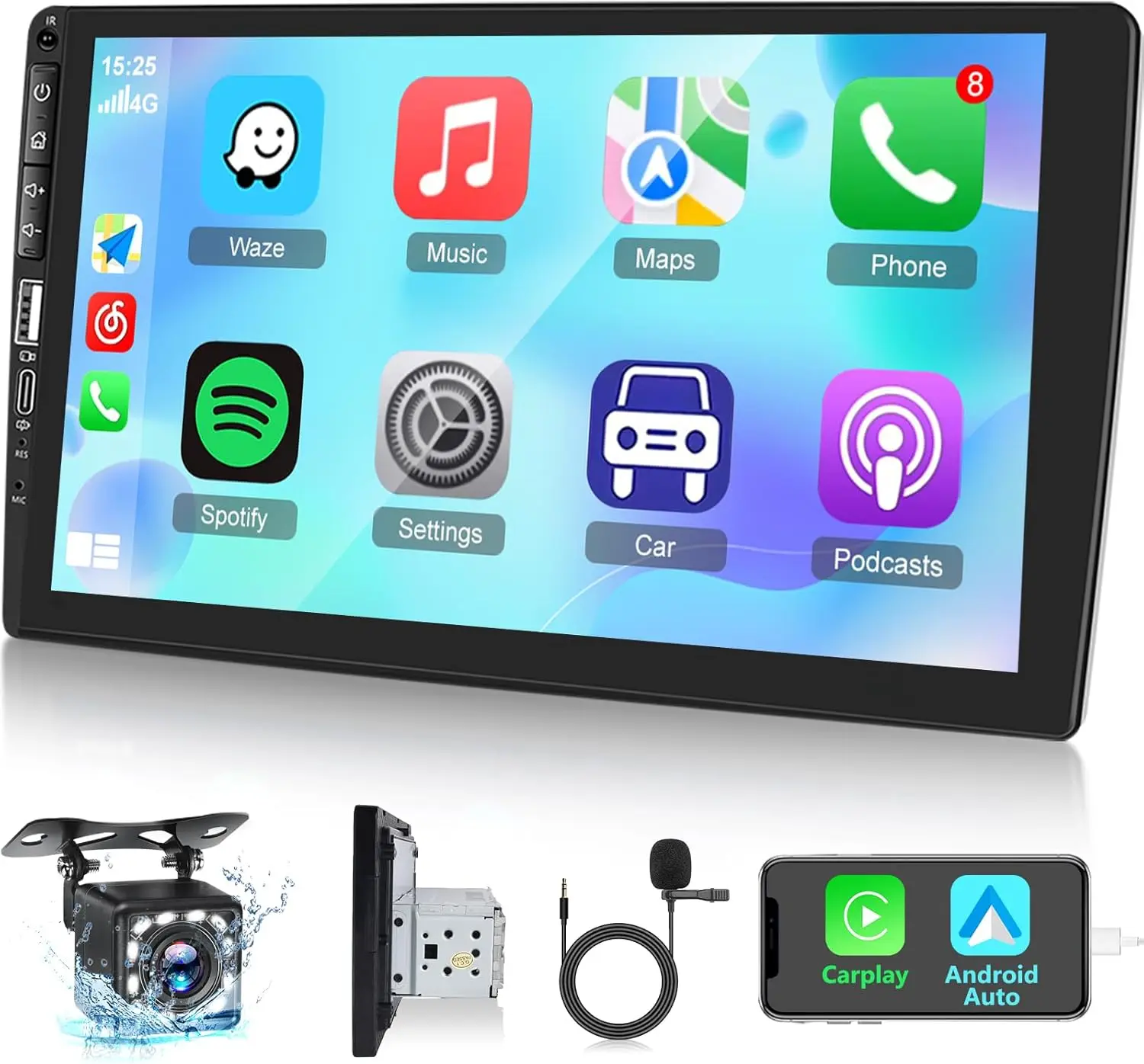 

9-дюймовый автомобильный радиоприемник с CarPlay, Android Auto, Bluetooth, MirrorLink, USB-зарядка, FM, 7-цветная подсветка + резервная камера 12 светодиодов