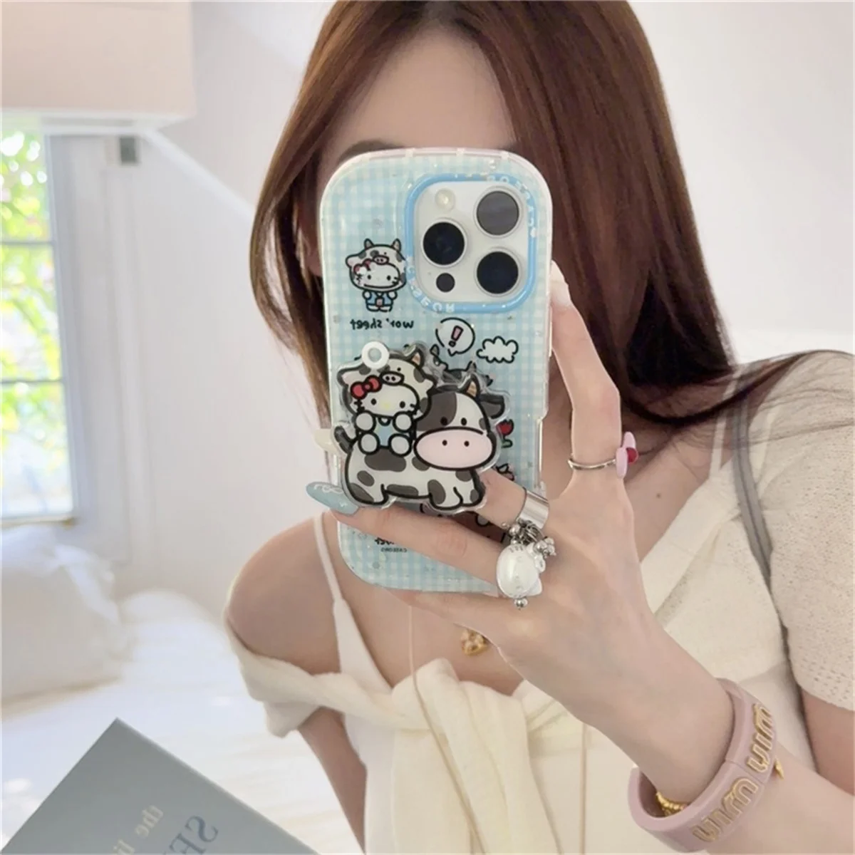 

Funny Cute Cow Pony Hellokitty Stand Phone Case For iPhone 16 Pro 15 14 Pro Max Back Cover Kawaii Cartoon Cases
