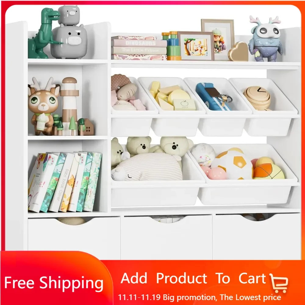 

Toy Storage Organizer with 3 Movable Drawers, Bookshelf and Bookcase with 6 Plastic Bins & 2 Storage Cubbies