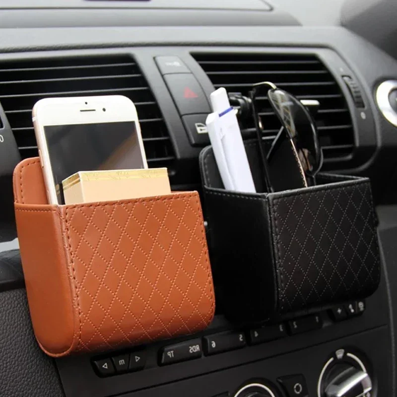 Car Storage Bag Hanging Leather Organizer Box Glasses Phone Holder Storage Organizer Air Vent Dashboard Tidy Car Accessories