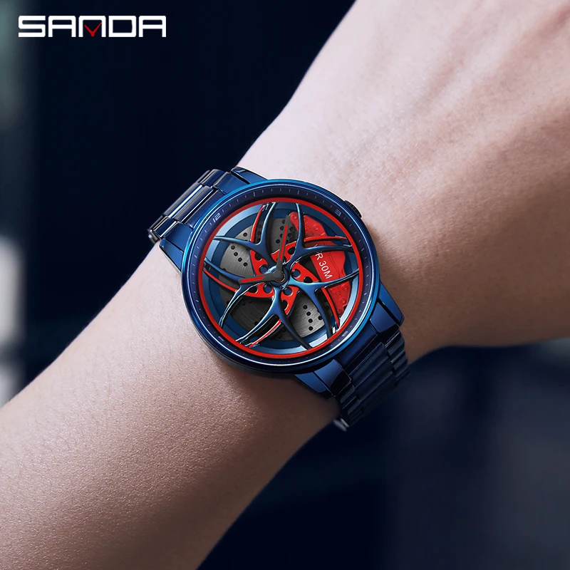 SANDA P1091 2023 Real 3D Model Spinning Car Wheel Hub Watch Luxury Move Waterproof Super Rim Watches For Men Orologio da uomo