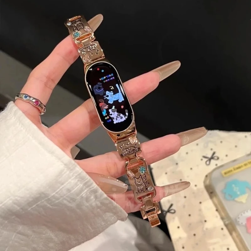 Tali Logam untuk Xiaomi Band 9 Gelang Jam Baja Tahan Karat untuk Xiaomi Band 8 Jam Tangan Pintar Gelang Olahraga Korea Gelang Wanita