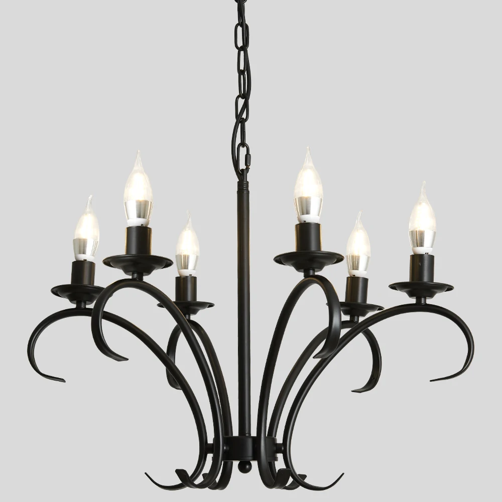Vintage Wrought Iron LED Chandelier Candle Light Black Metal Lighting Fixture for Living Room Foyer Hanging Pendant Lamp