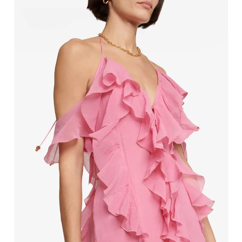 Abito lungo Boho da donna elegante con volant allentato per le vacanze Abito estivo sexy con scollo a V e scollo all'americana senza schienale Abito a strati in chiffon per feste