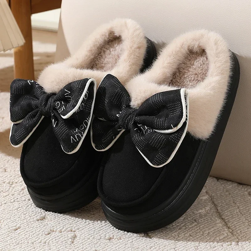 Women Shoes Bow Cotton Slippers Women's Winter Indoor Home Thick Bottom Feeling Warm Lovely Plush Home Cotton Mop Slippers