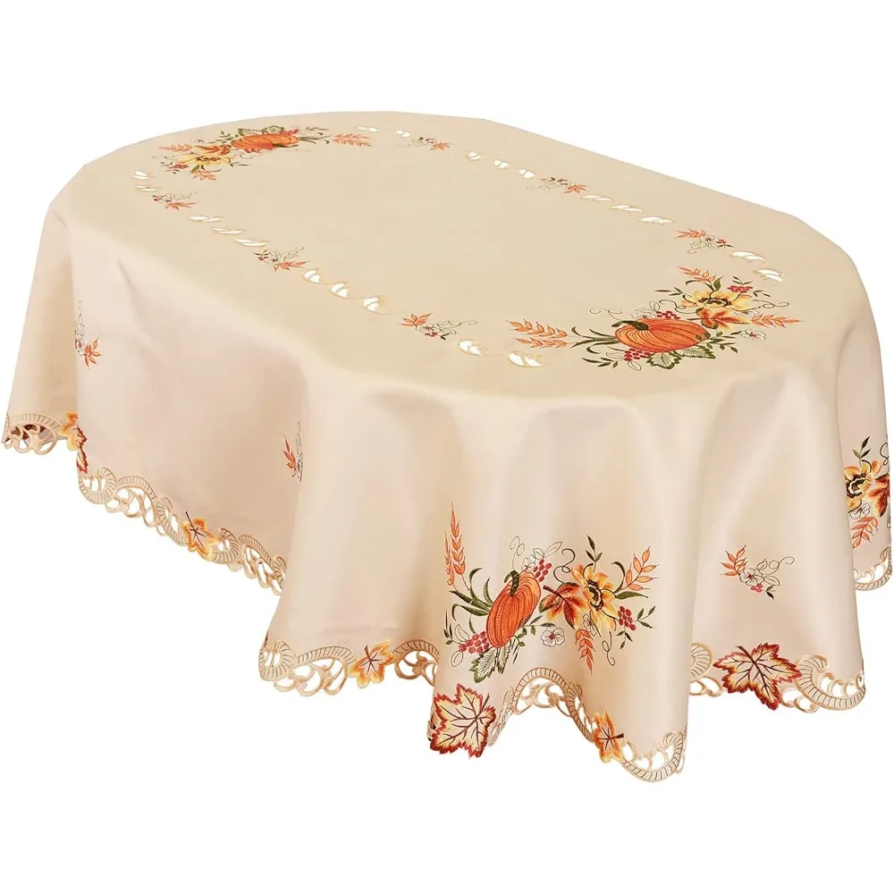 

Autumn Harvest Pumpkins Embroidered Tablecloth for Thanksgiving, Oval 52x70 inches