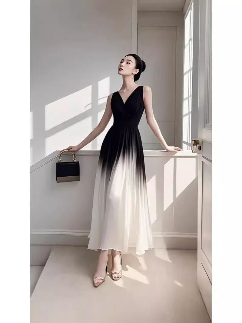 Robe longue sans manches en mousseline de soie, 2 styles sans collision, nickel é noir et blanc, jupe unique, beau tempérament, 600, offre spéciale