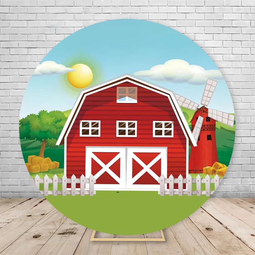 Farm Theme Birthday Party Round Backdrop Cover Cartoon Animals Sun Tree Green Grassland Wood Kids Birthday Background