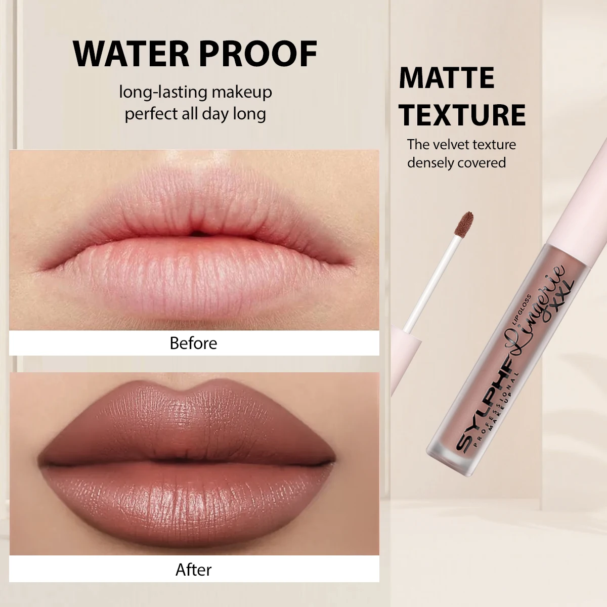 Velvet matte lip gloss, waterproof, easy to color, lightweight texture, natural makeup effect