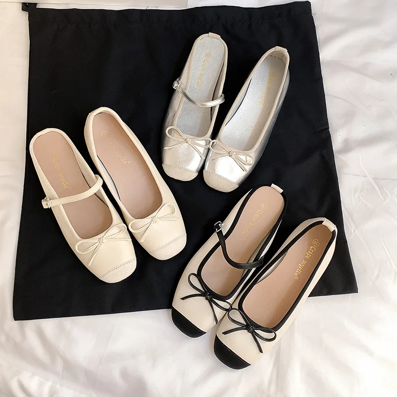 

2025 Осень Новый французский стиль Скрытая клиновидная бантик Слипоны Балетки Низкий каблук Женская обувь