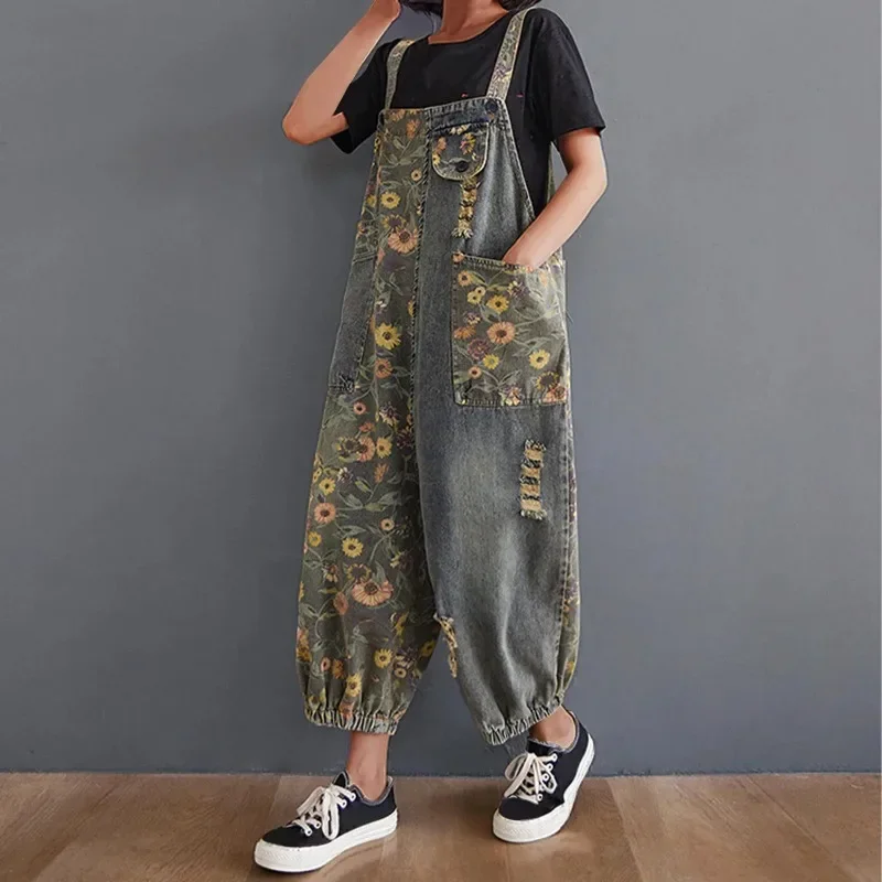 Women'S Retro Vintage Strap Jumpsuits Korean Embroidery Ripped Jeans with Belt and Cuff Baggy Pants Sweatpants for Women 2024