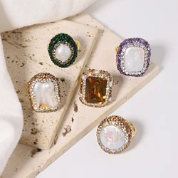 Natural Freshwater Baroque Pearl Edged Zircon Rings Original Fine Women Luxury Jewelry Wedding Girls Gift