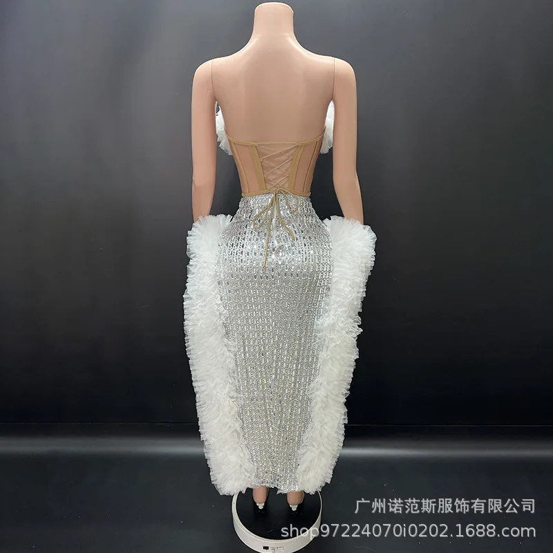 Moda argento e bianco sexy lisca di pesce pizzicata abito in vita compleanno abito di fascia alta modello adulto passerella vestiti alla moda Robe Fête