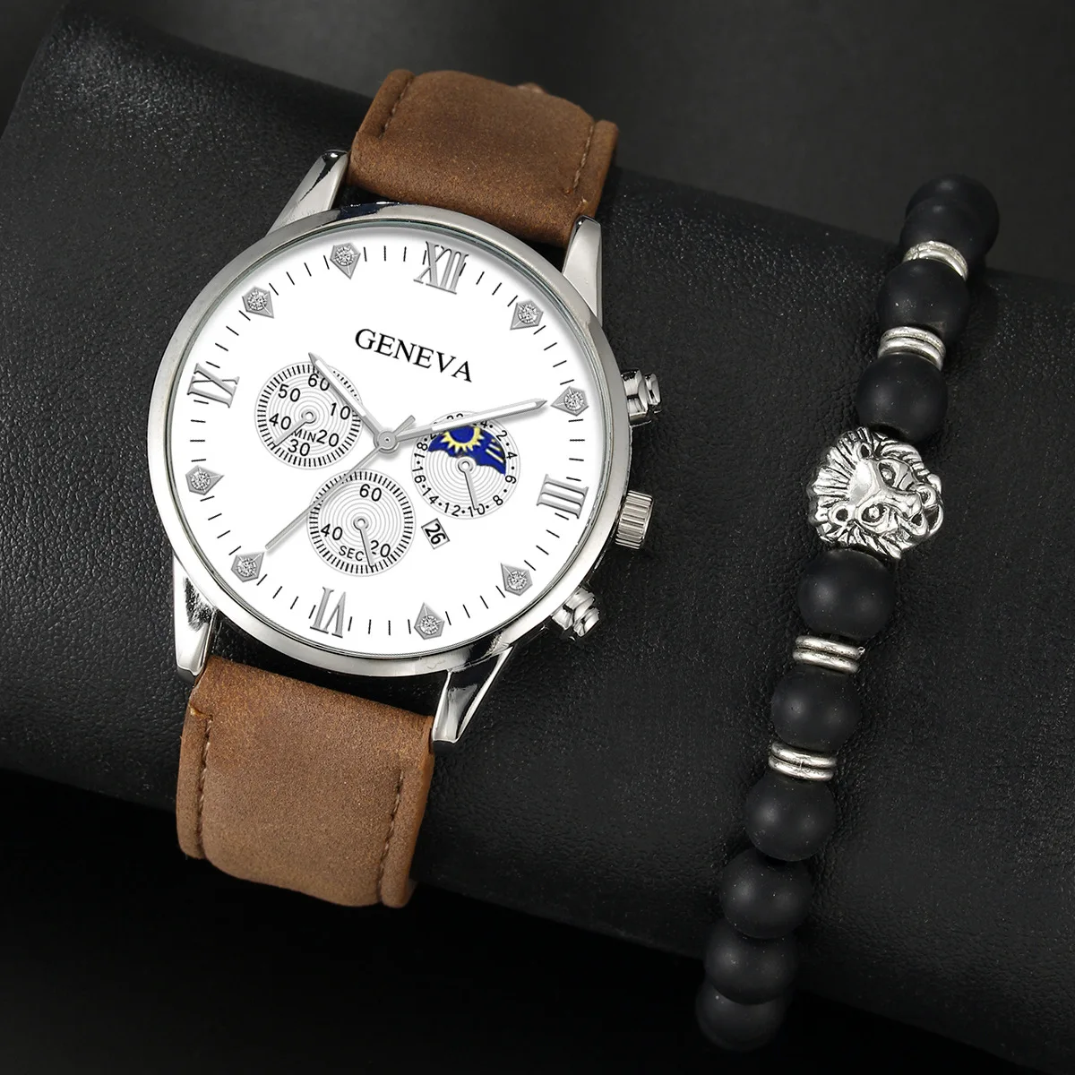 

2pcs Luxury Mens Quartz Watches Bracelet Watch Set For Men Business Fashion Casual Round Pointer Calendar Watch