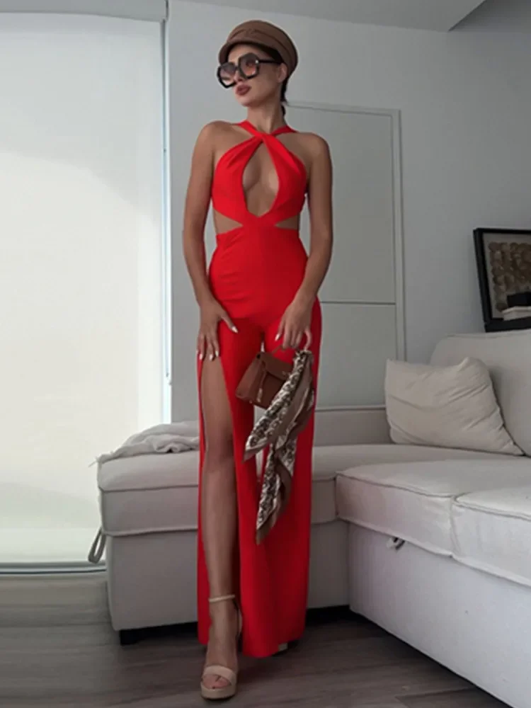 2024 Summer Women Sexy Red Bandage Elastic Jumpsuits Club Party Cut Out Split Flare Pants Hotwife Celebrity Evening Nightwears