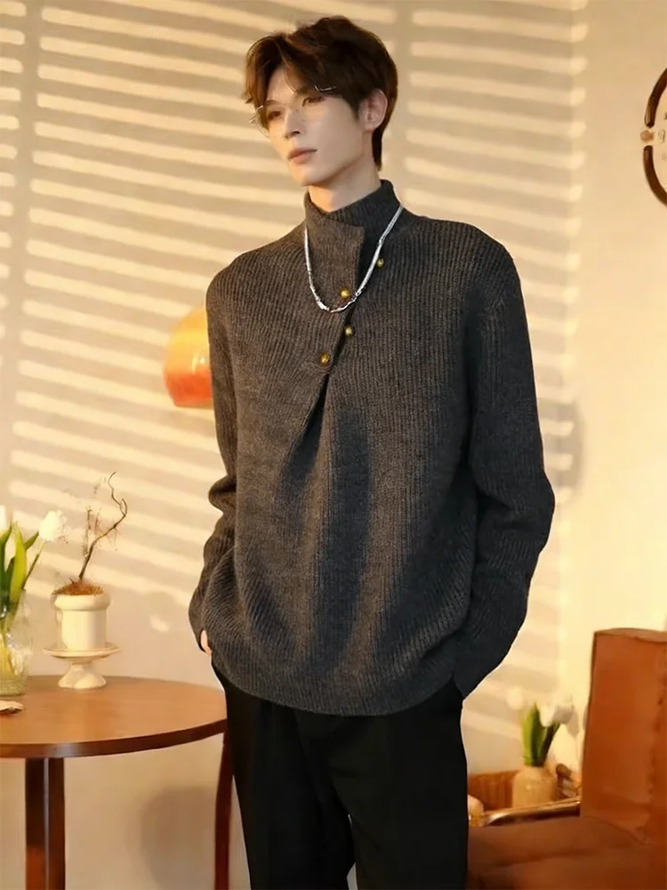 

Мужской вязаный свитер с высоким воротником, свободного кроя, для ношения под одеждой, роскошный, повседневный, зимний базовый слой, из полиэфирного волокна