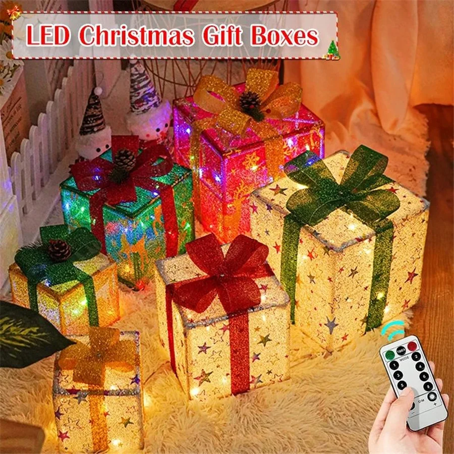 2025 New Year Decoration Christmas Gift Box Lamp 3pcs/Set Holiday Garland Fairy Lights for Christmas Tree Birthday Party Wedding