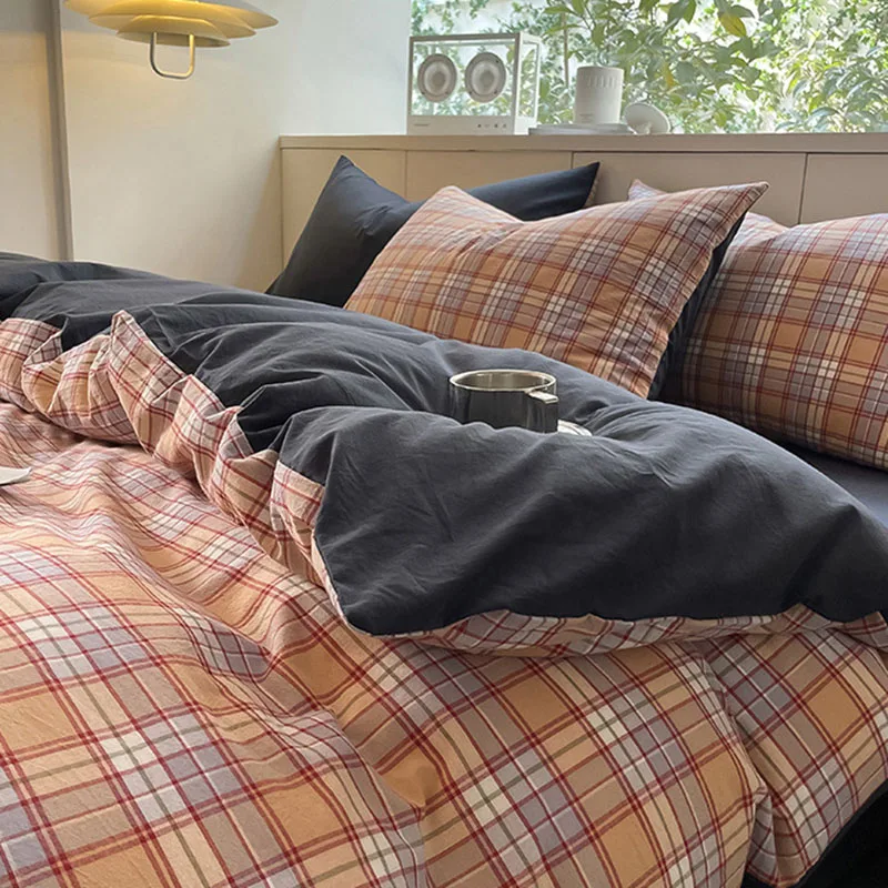 

Japanese Style Plaid Pure Cotton Bedding Set Soft Washed Cotton Cozy Bedclothes Queen Single Fitted Sheet Quilt Cover Pillowcase