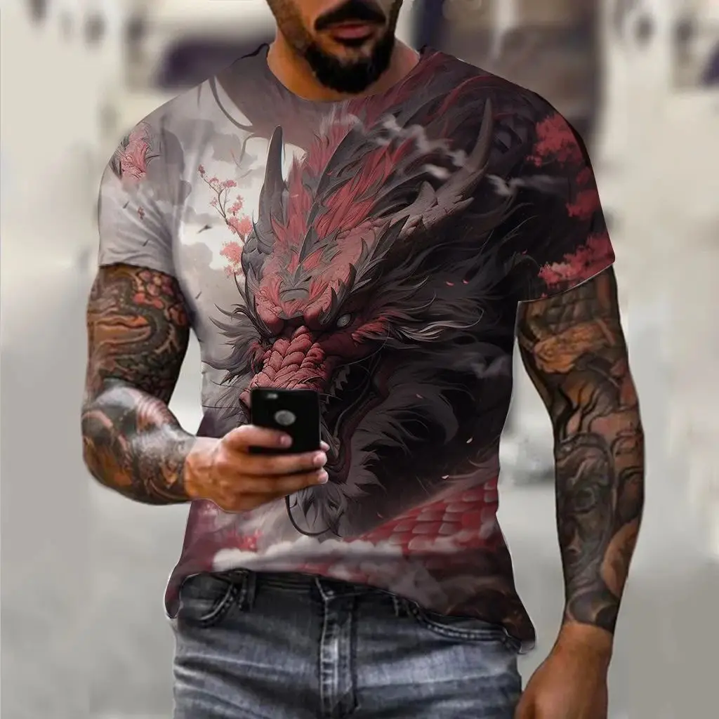 Summer Men Fun 3d Printed Dragon Pattern Casual Street Personality Creative O Collar Short Sleeve Baggy Plus Size Fashion Top