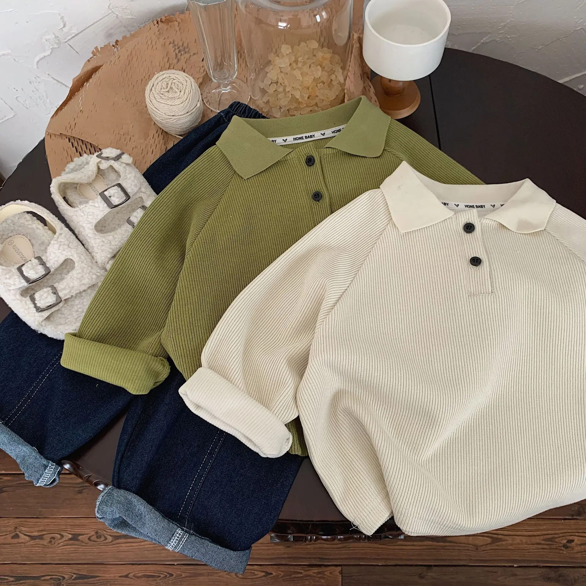 Children's Polo Sweater Shirt 2024 Fashionable and Versatile Spring Style Boys' Korean Solid Color Coarse Yarn Hoodie Casual Top