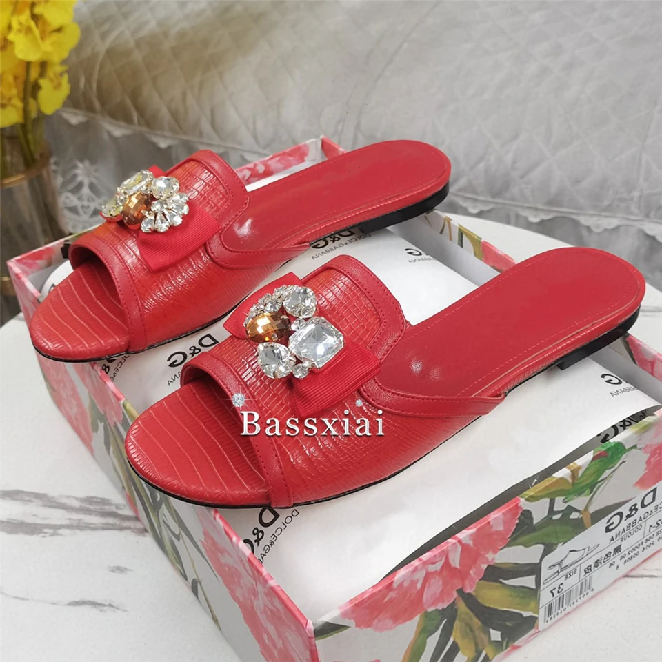 Luxury Diamond Butterfly-Knot Slippers Women Flat Heel Sexy Open Toe Crystal Rhinestone Slip-on Outwear Slides For Girls