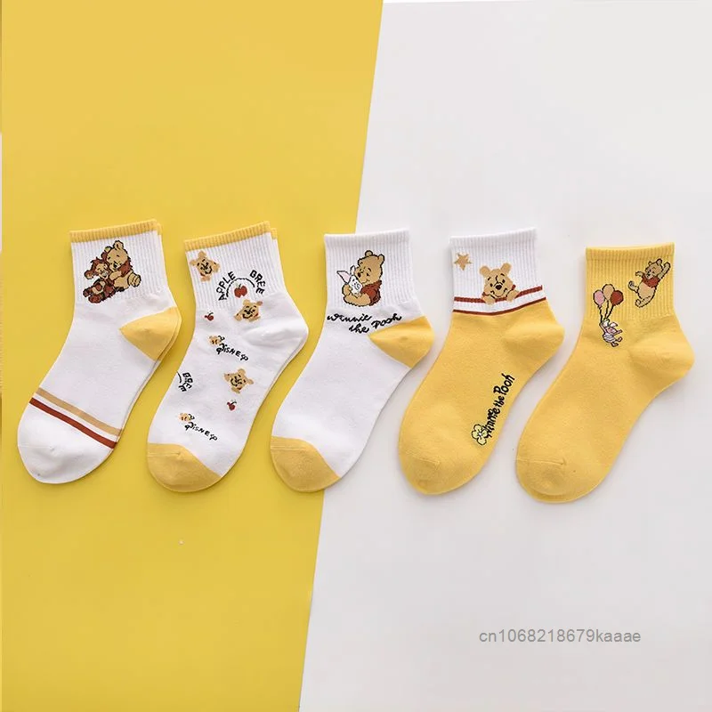 Disney Yellow Winnie The Pooh Cute Cartoon Socks Korean Version Harajuku Style Mid Tube Socks Sweet Y2k Girl Kawaii Cotton Socks