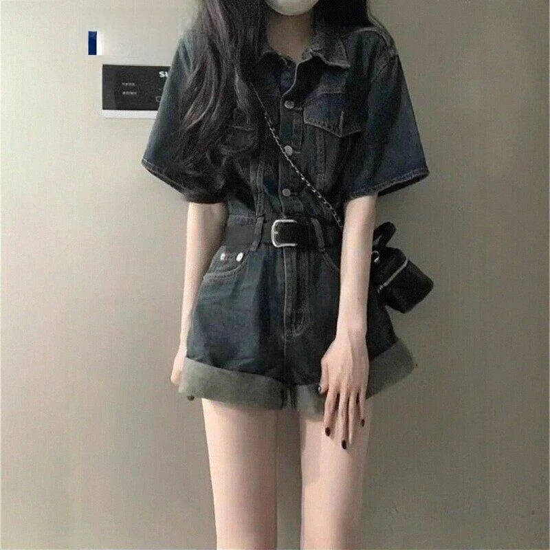 

Sweet Cool Rouje Dsyle Denim Jumpsuit orts Set Women's Vintage Slimming Top Bot Cotton Summer Faion Outfit