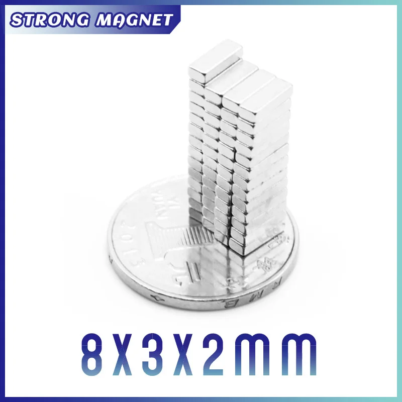 10/20/50/100/200/500/1000PCS 8x3x2 Powerful Magnets Block Magnets N35 Neodymium 8mmx3mmx2mm Sheet Quadrate Rare Earth 8*3*2 mm