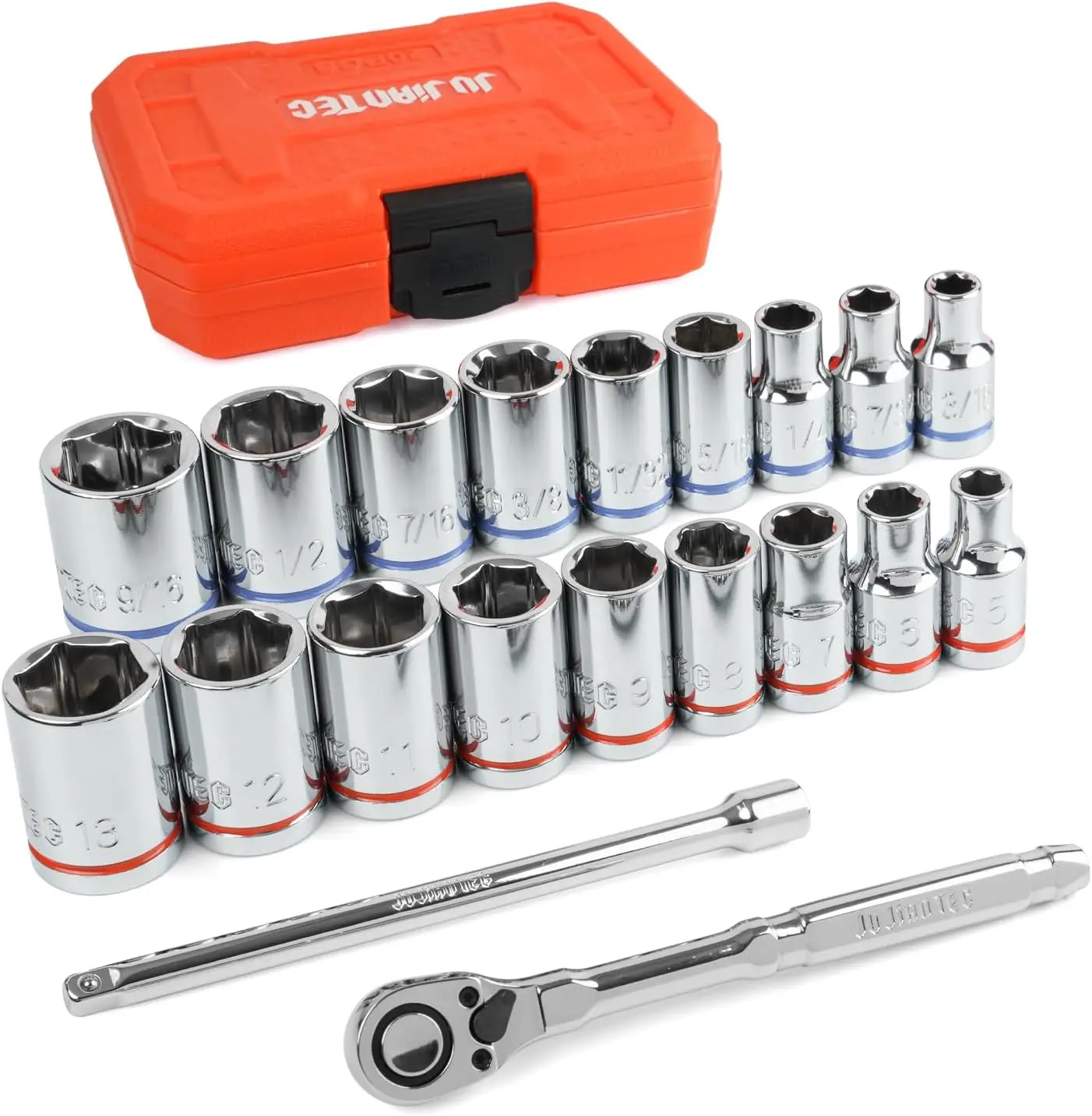 

20-Piece 1/4" Drive Shallow Socket Set SAE/Metric with Ratchet & Extension Bar, Premium Chrome Vanadium Steel, 6-Point, Molded