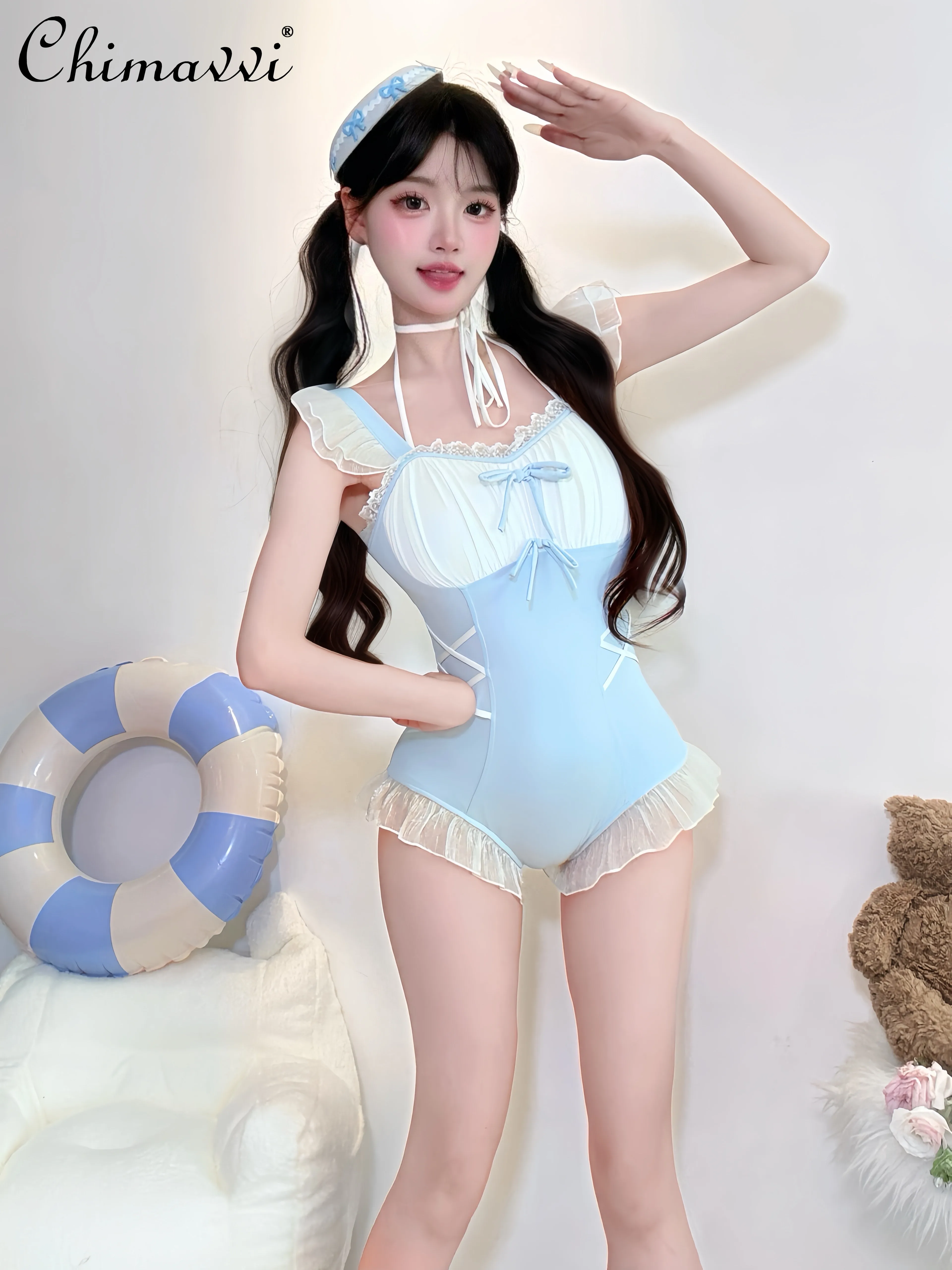 Cute Bow Blue Student One-piece Swimsuit 2025 Summer Clothes New Sweet Girl Slim Temperament Sexy One-piece Bathing Suit Women