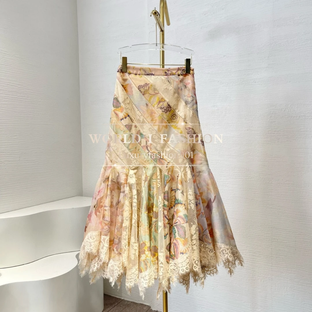 

Floral Print High Quality New Design Lace Patchwork Irregular Hem Pleats High Quality Women Re-tro Midi Skirt