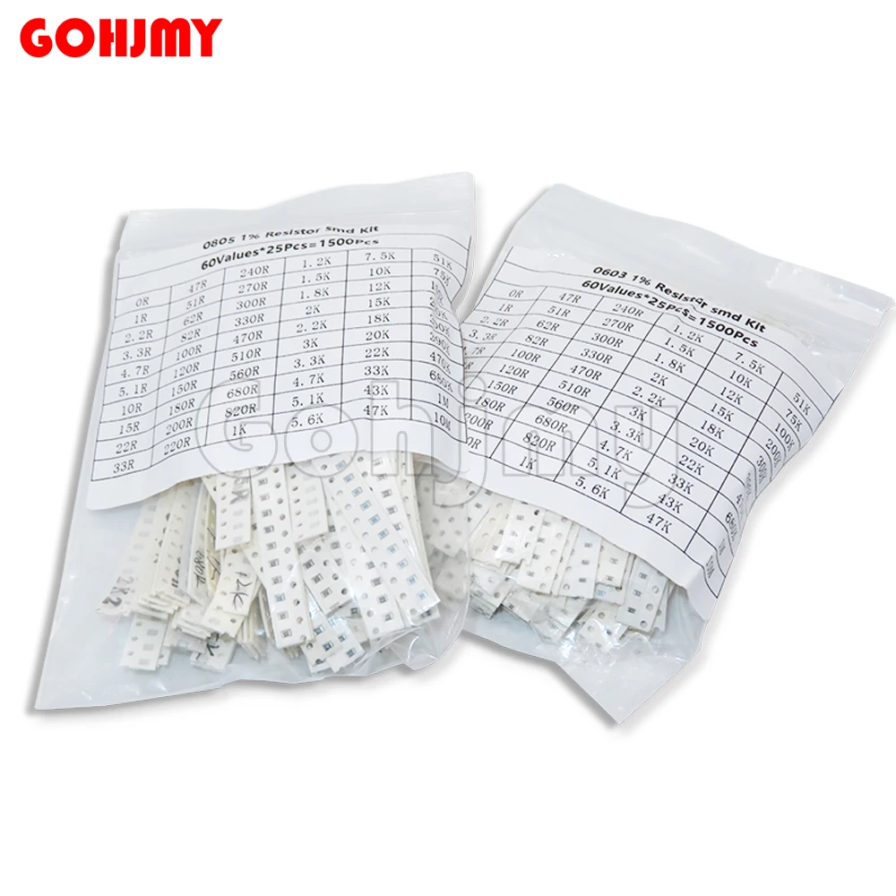 1500PCS/Set 60 Values X 25Pcs  SMD 0603 0805 1%  Resistors Assorted Set 0R-10M Ohm 1% High Precision Film Chip Resistance Kit