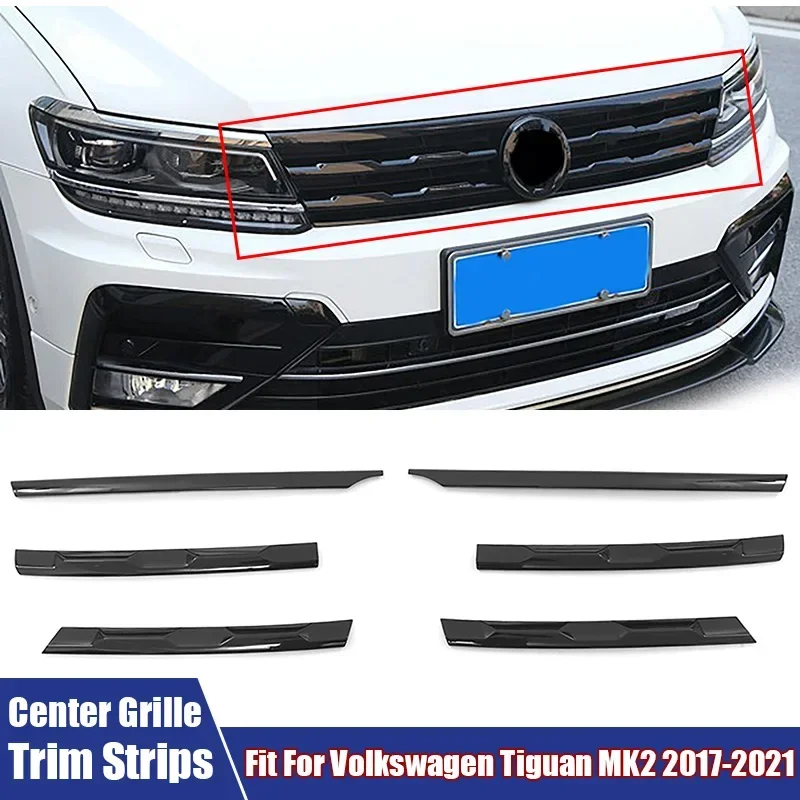 A Set Front Bumper Center Grille Trim Strips Fit For Volkswagen Tiguan MK2 2017-2021 Car Accessories Directly Stick Black Strips